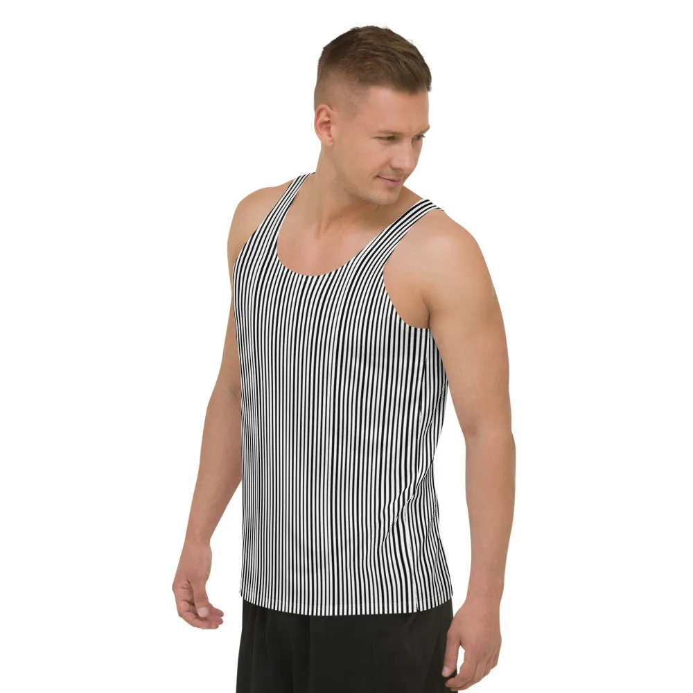 White Black Unisex Tank Top, Vertically Striped Modern Minimalist Tanks For Men & Women-Made in USA/EU