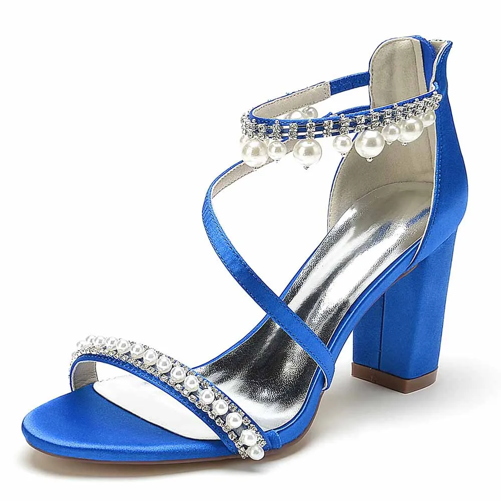 Women Ankle-Strp Pump with Pearl Wedding Prom Sandals Chunky Shoes