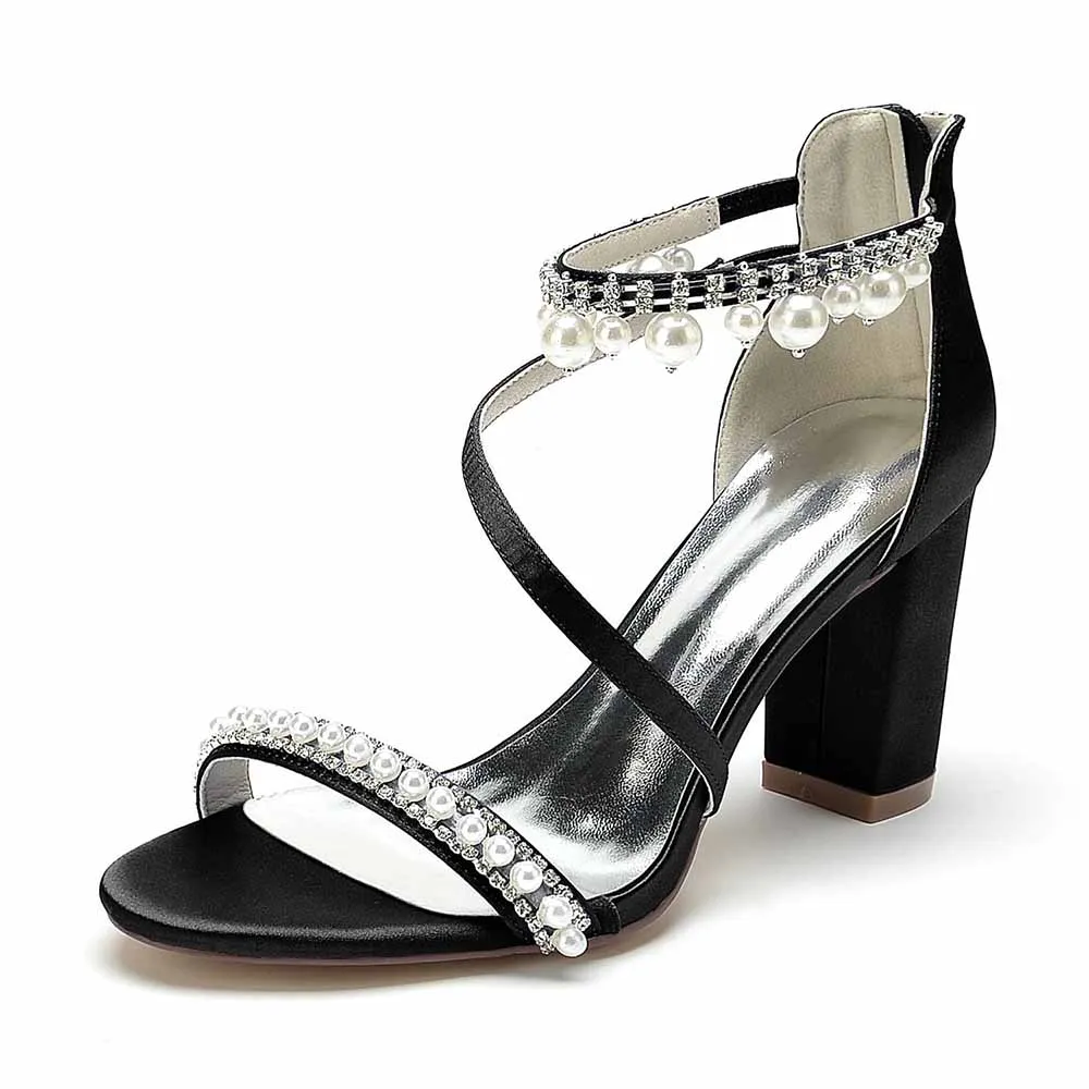 Women Ankle-Strp Pump with Pearl Wedding Prom Sandals Chunky Shoes