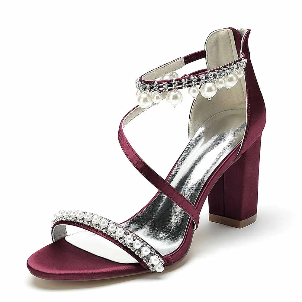 Women Ankle-Strp Pump with Pearl Wedding Prom Sandals Chunky Shoes