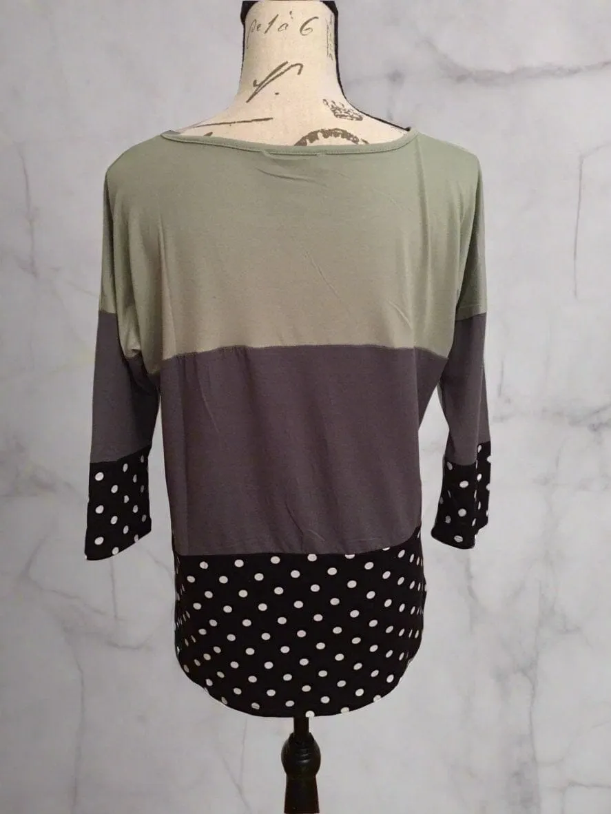 Womens Color Block Striped Shirt, Black White Dot Top, Sizes 1xl/2xl/3xl, Green/Gray/Black