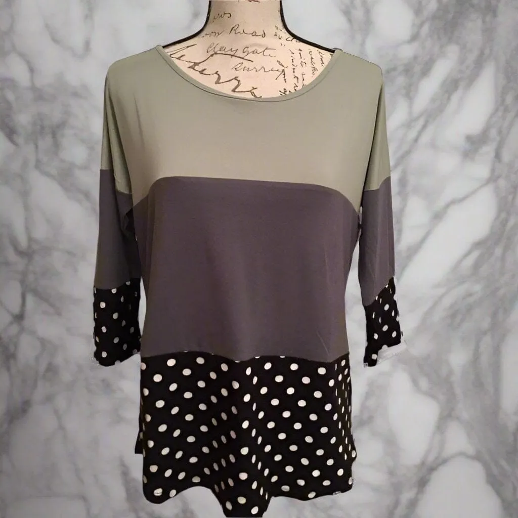 Womens Color Block Striped Shirt, Black White Dot Top, Sizes 1xl/2xl/3xl, Green/Gray/Black