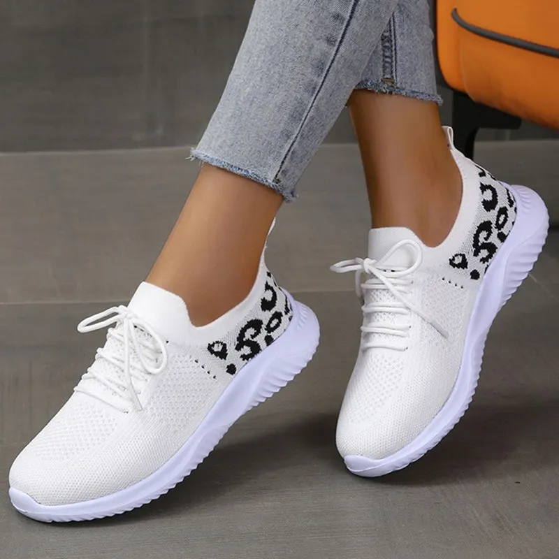 Womens Leopard Printed Mesh Sneakers