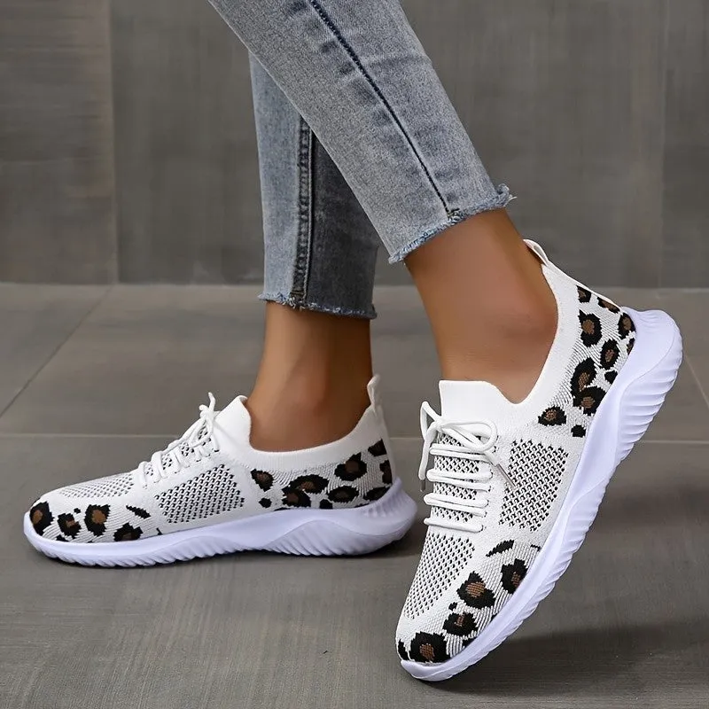 Womens Leopard Printed Mesh Sneakers