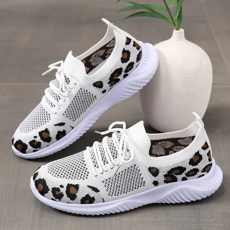 Womens Leopard Printed Mesh Sneakers