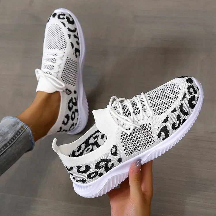 Womens Leopard Printed Mesh Sneakers