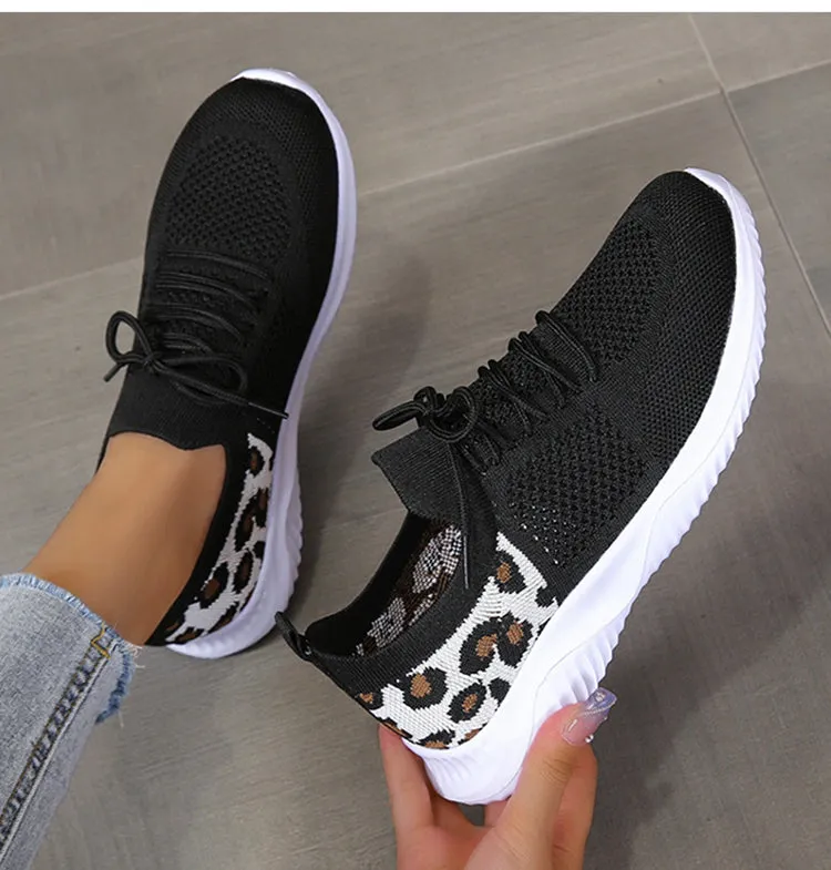 Womens Leopard Printed Mesh Sneakers