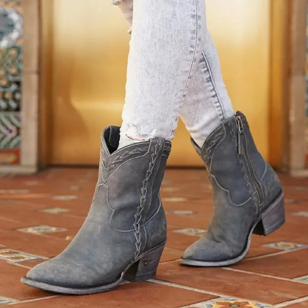 Women's Vintage Round Toe Chunky Heel Ankle Boots 33207431C